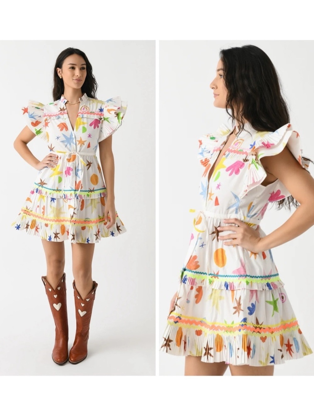 CeliaB Meridian Dress Colorful Print Ruffle Mini Dress V-Neck Statement Size XS​